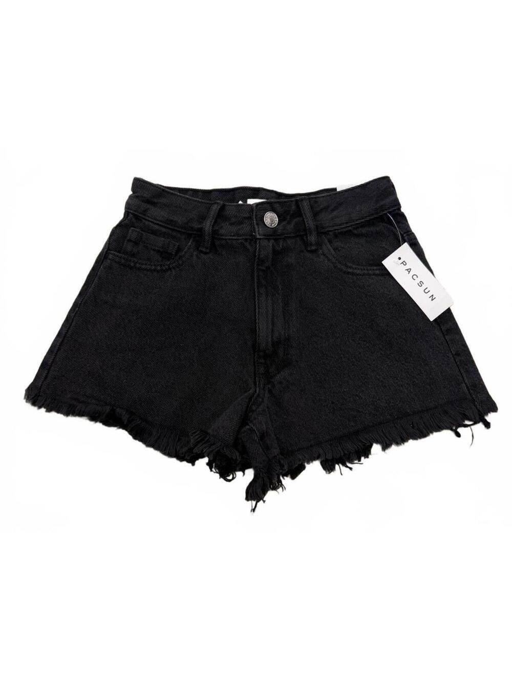 NEW! PacSun Black High‎ Waisted Denim Festival Shorts Frayed Raw Edge Hem Sz 22